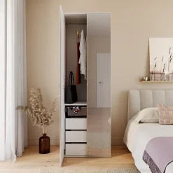 Armoire penderie blanche avec miroir et bloc 3 tiroirs GoodHome Atomia H. 225 x L. 75 x P. 58 cm
