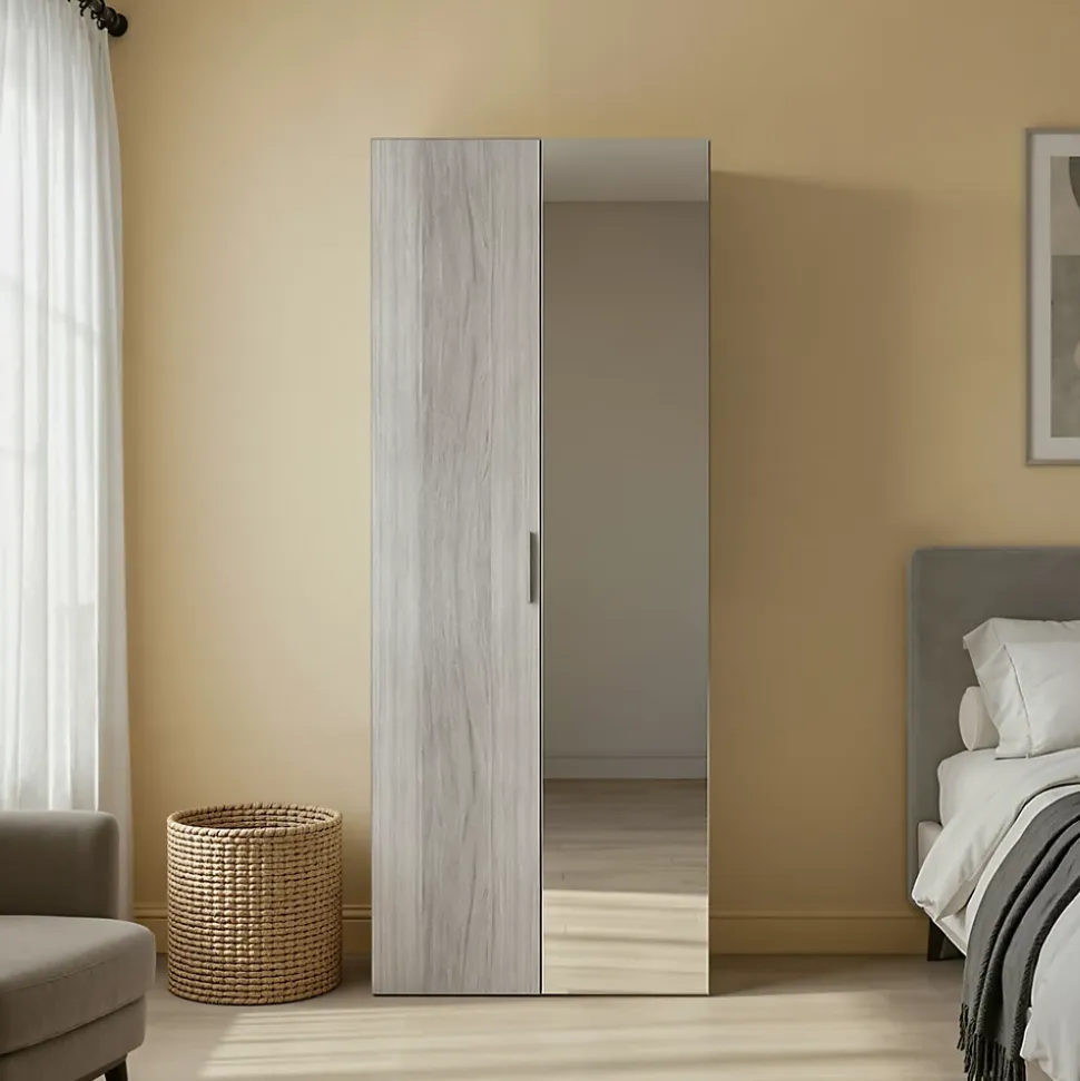 Armoire penderie effet chêne grisé portes battantes miroir et effet chêne grisé GoodHome Atomia H. 187,5 x L. 75 x P. 60 cm