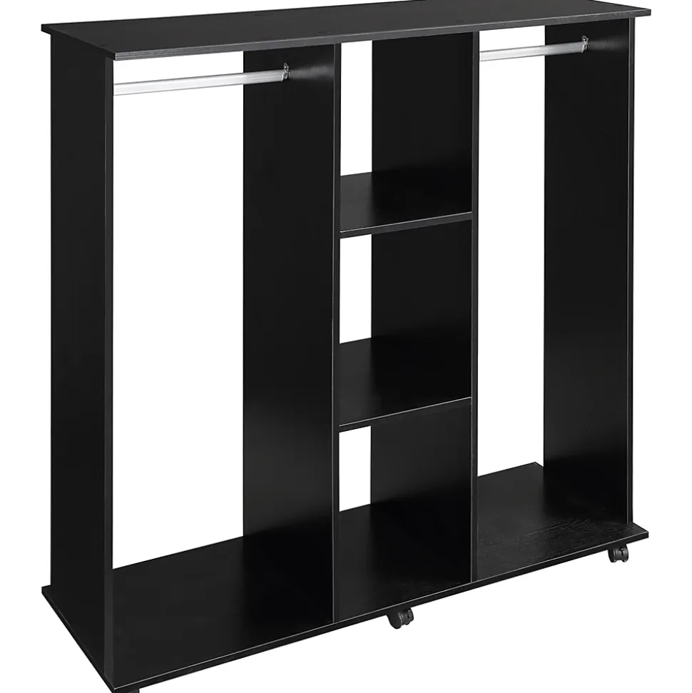 Armoire penderie meuble de rangement mobile 6 roulettes 120L x 40l x 128H cm panneaux de particules aspect bois noir