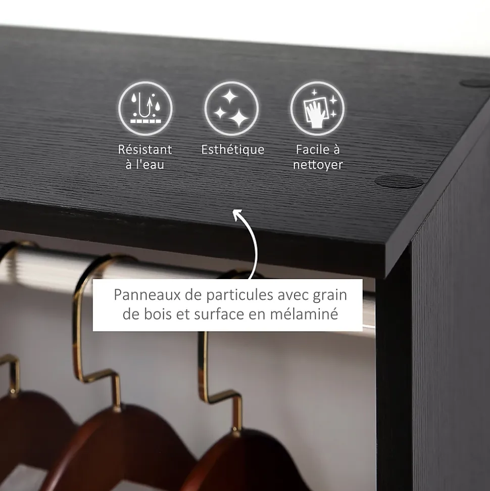 Armoire penderie meuble de rangement mobile 6 roulettes 120L x 40l x 128H cm panneaux de particules aspect bois noir