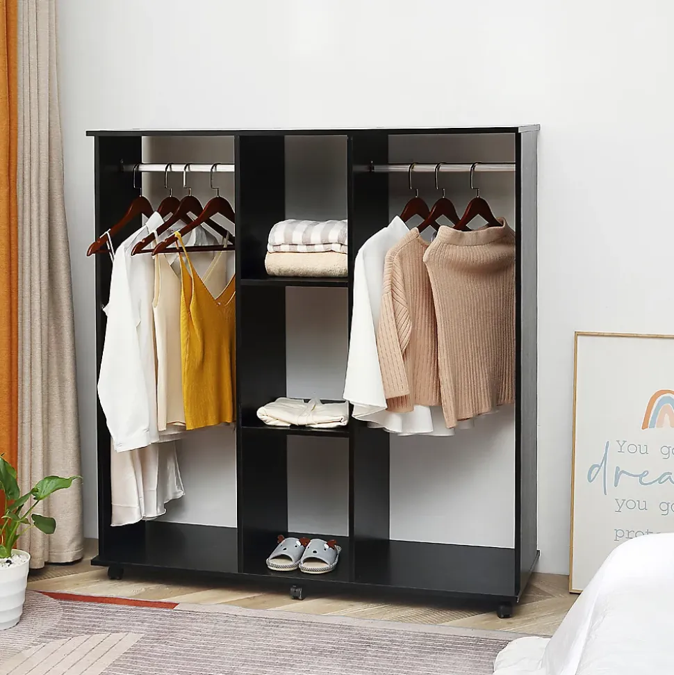 Armoire penderie meuble de rangement mobile 6 roulettes 120L x 40l x 128H cm panneaux de particules aspect bois noir