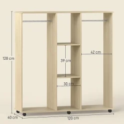 Armoire penderie meuble de rangement mobile 6 roulettes 120L x 40l x 128H cm panneaux de particules aspect bois chêne
