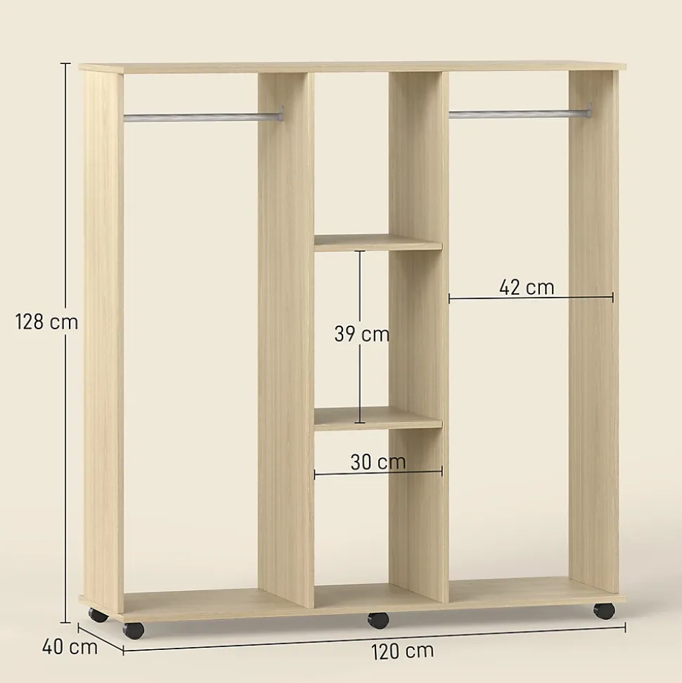 Armoire penderie meuble de rangement mobile 6 roulettes 120L x 40l x 128H cm panneaux de particules aspect bois chêne