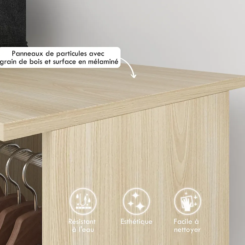 Armoire penderie meuble de rangement mobile 6 roulettes 120L x 40l x 128H cm panneaux de particules aspect bois chêne