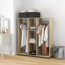 Armoire penderie meuble de rangement mobile 6 roulettes 120L x 40l x 128H cm panneaux de particules aspect bois chêne