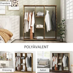 Armoire penderie meuble de rangement mobile 6 roulettes 120L x 40l x 128H cm panneaux de particules aspect bois vieilli