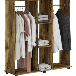 Armoire penderie meuble de rangement mobile 6 roulettes 120L x 40l x 128H cm panneaux de particules aspect bois vieilli