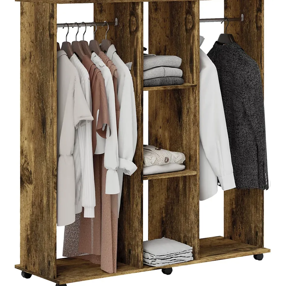 Armoire penderie meuble de rangement mobile 6 roulettes 120L x 40l x 128H cm panneaux de particules aspect bois vieilli