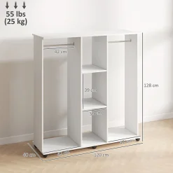 Armoire penderie Meuble de Rangement Mobile 6 roulettes 120L x 40l x 128H cm en bois Blanc