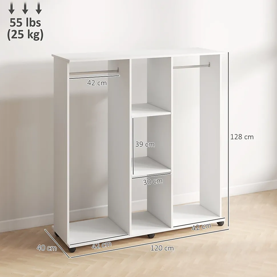 Armoire penderie Meuble de Rangement Mobile 6 roulettes 120L x 40l x 128H cm en bois Blanc