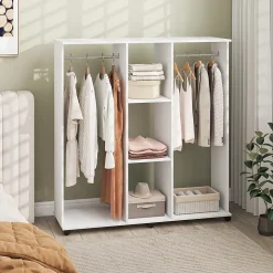 Armoire penderie Meuble de Rangement Mobile 6 roulettes 120L x 40l x 128H cm en bois Blanc