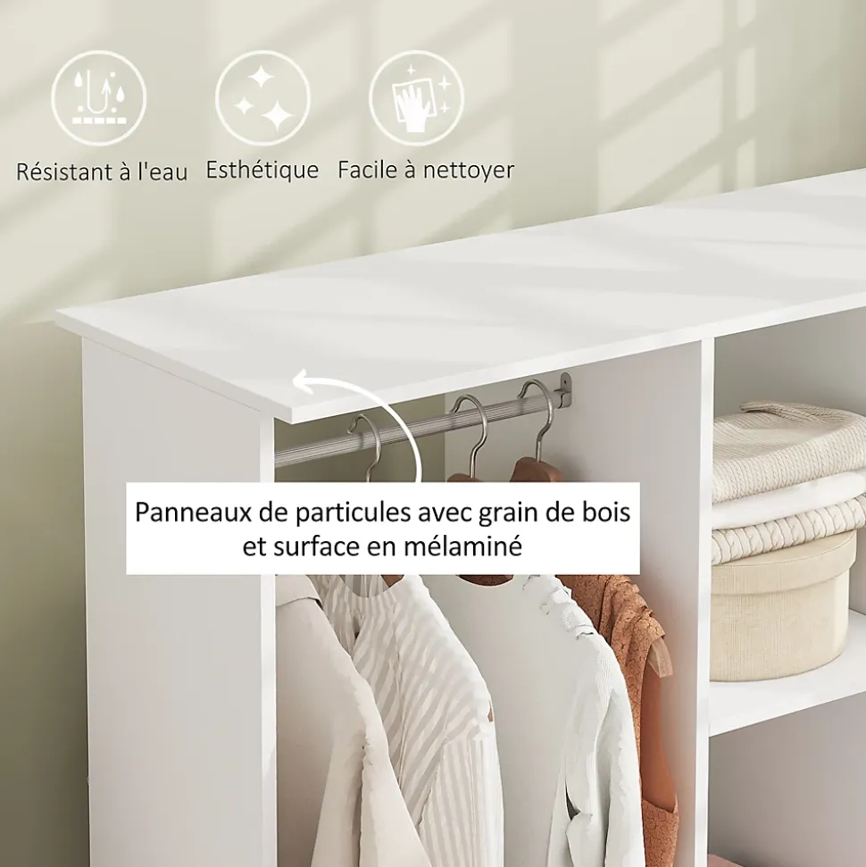 Armoire penderie Meuble de Rangement Mobile 6 roulettes 120L x 40l x 128H cm en bois Blanc