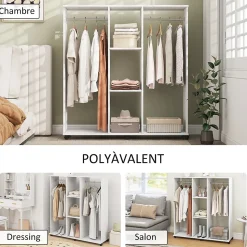 Armoire penderie Meuble de Rangement Mobile 6 roulettes 120L x 40l x 128H cm en bois Blanc