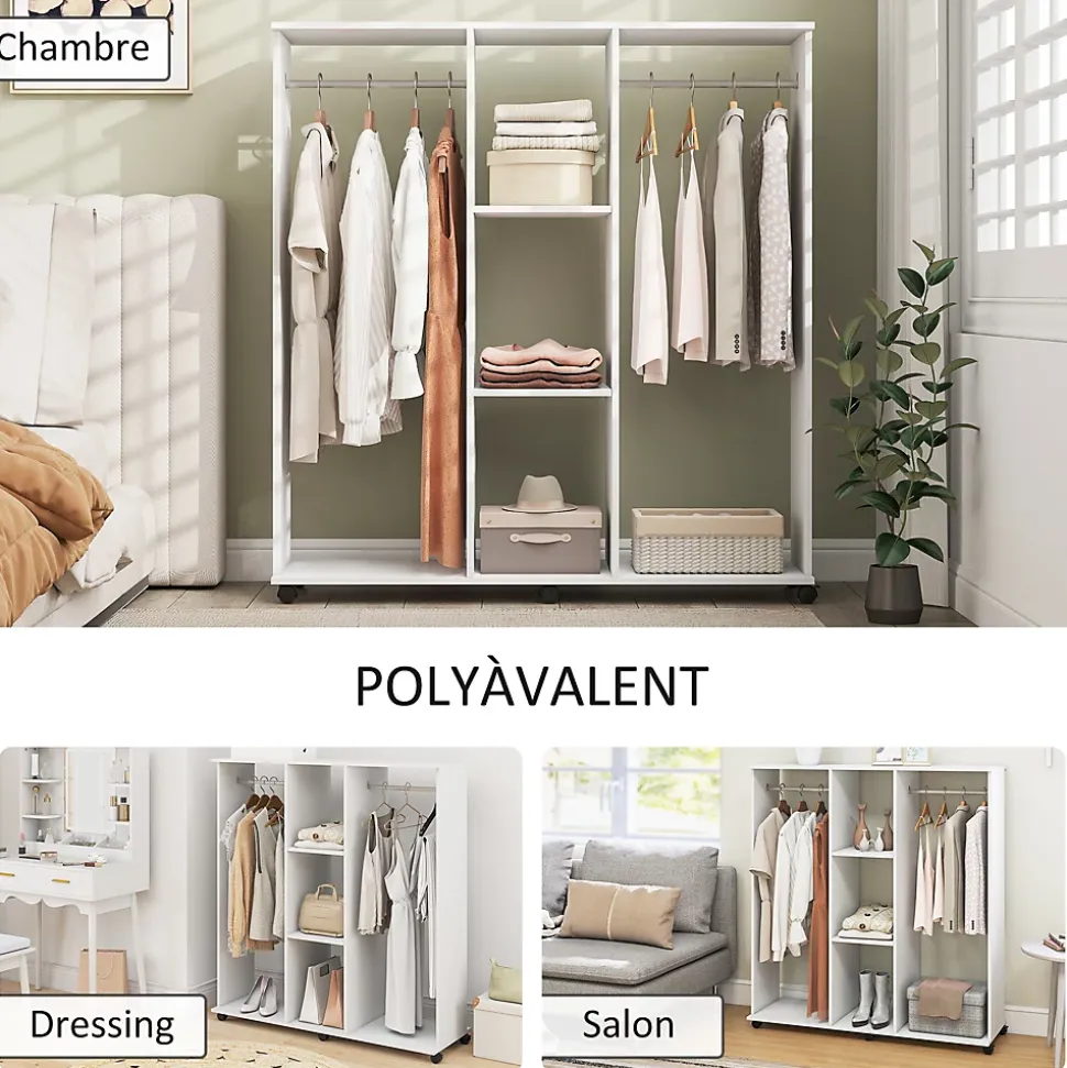 Armoire penderie Meuble de Rangement Mobile 6 roulettes 120L x 40l x 128H cm en bois Blanc