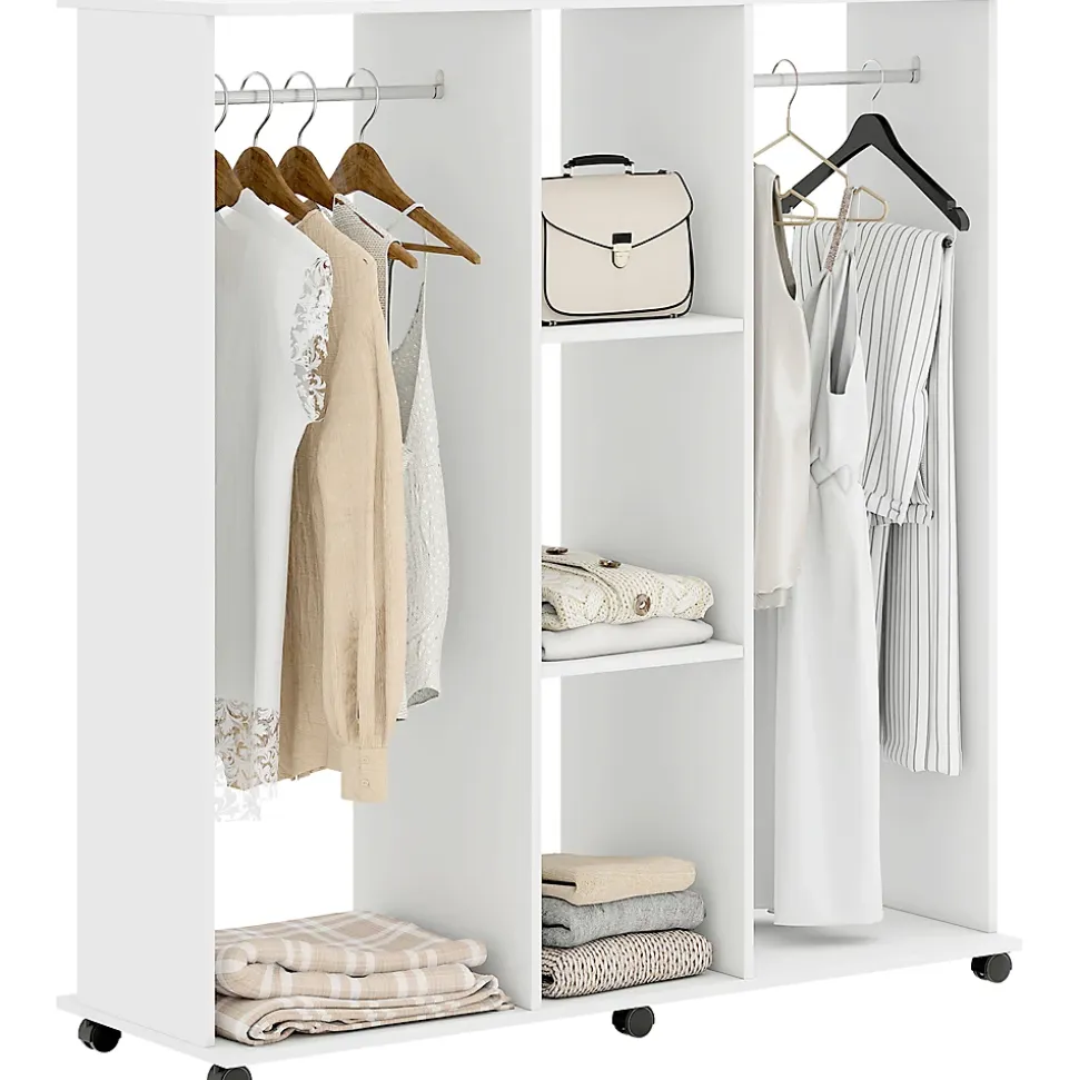 Armoire penderie Meuble de Rangement Mobile 6 roulettes 120L x 40l x 128H cm en bois Blanc
