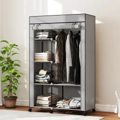 Armoire penderie mobile tissu - 5 étagères, penderie - dim. 103x43x162,5 cm - noir gris