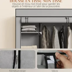 Armoire penderie mobile tissu - 5 étagères, penderie - dim. 103x43x162,5 cm - noir gris