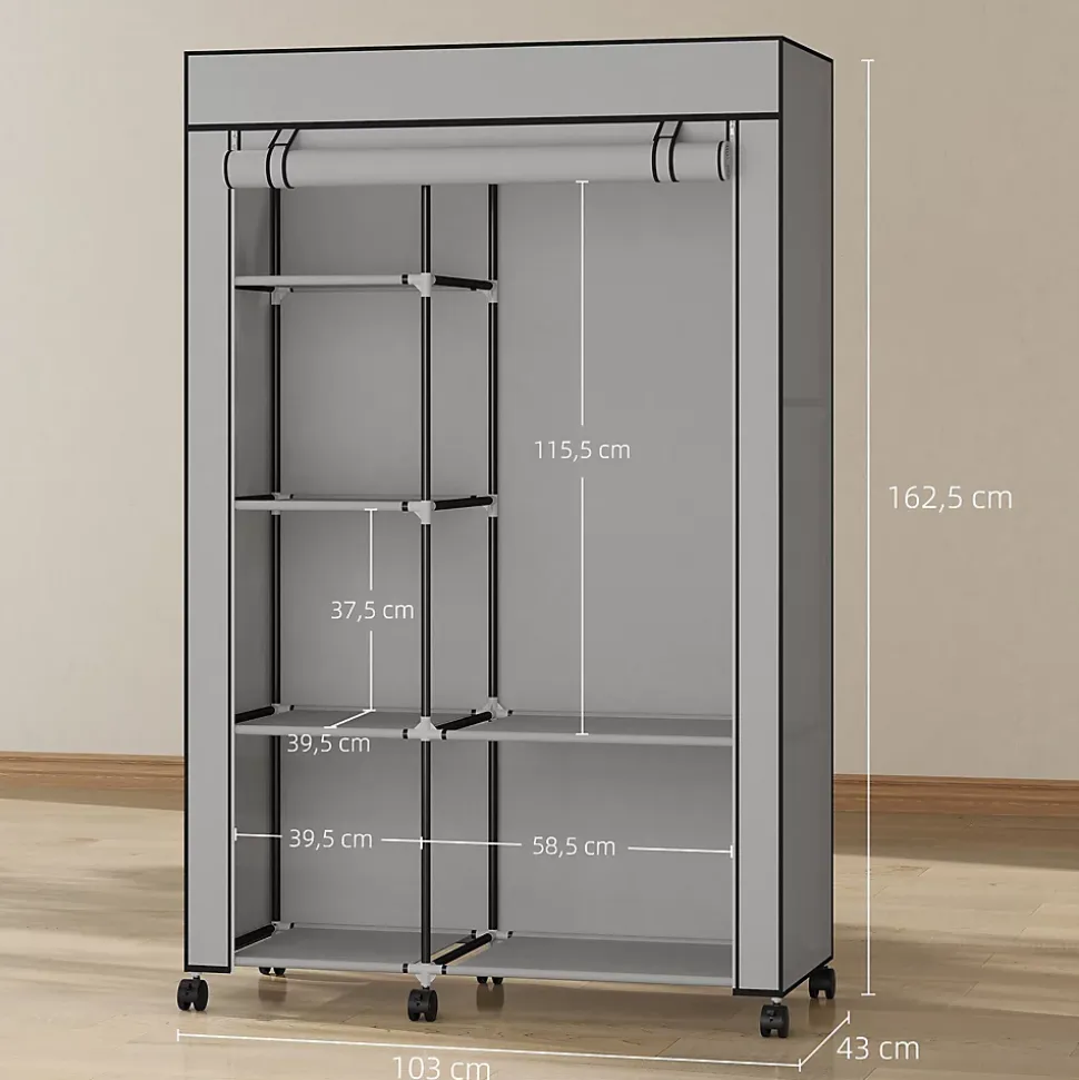 Armoire penderie mobile tissu - 5 étagères, penderie - dim. 103x43x162,5 cm - noir gris