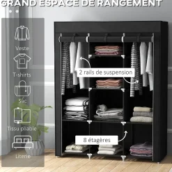 Armoire penderie multi-rangement - 8 étagères, 2 barres - dim. 125L x 43l x 162,5H cm - acier noir non tissé noir