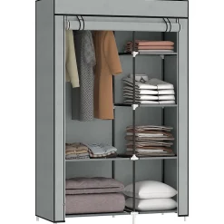 Armoire penderie multi-rangement - 6 étagères, 1 barre - dim. 103L x 43l x 162,5H cm - acier noir non tissé gris clair
