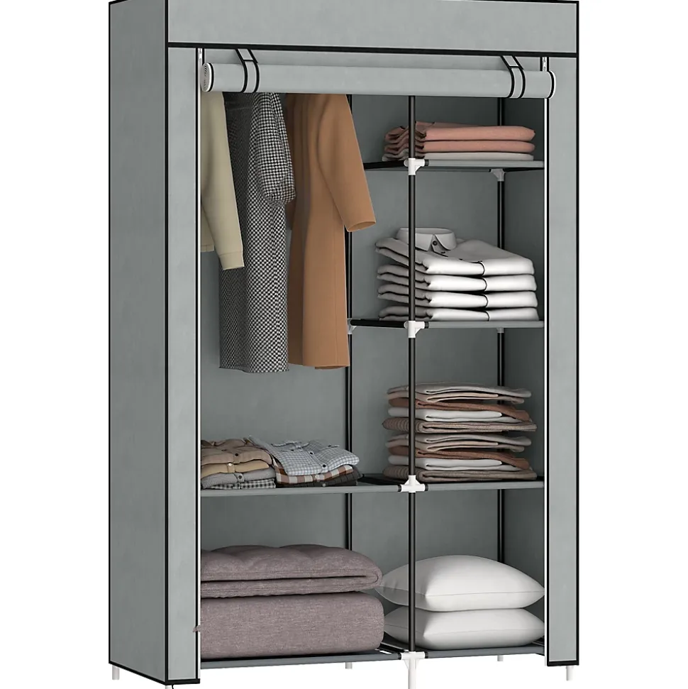 Armoire penderie multi-rangement - 6 étagères, 1 barre - dim. 103L x 43l x 162,5H cm - acier noir non tissé gris clair