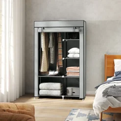Armoire penderie multi-rangement - 6 étagères, 1 barre - dim. 103L x 43l x 162,5H cm - acier noir non tissé gris clair