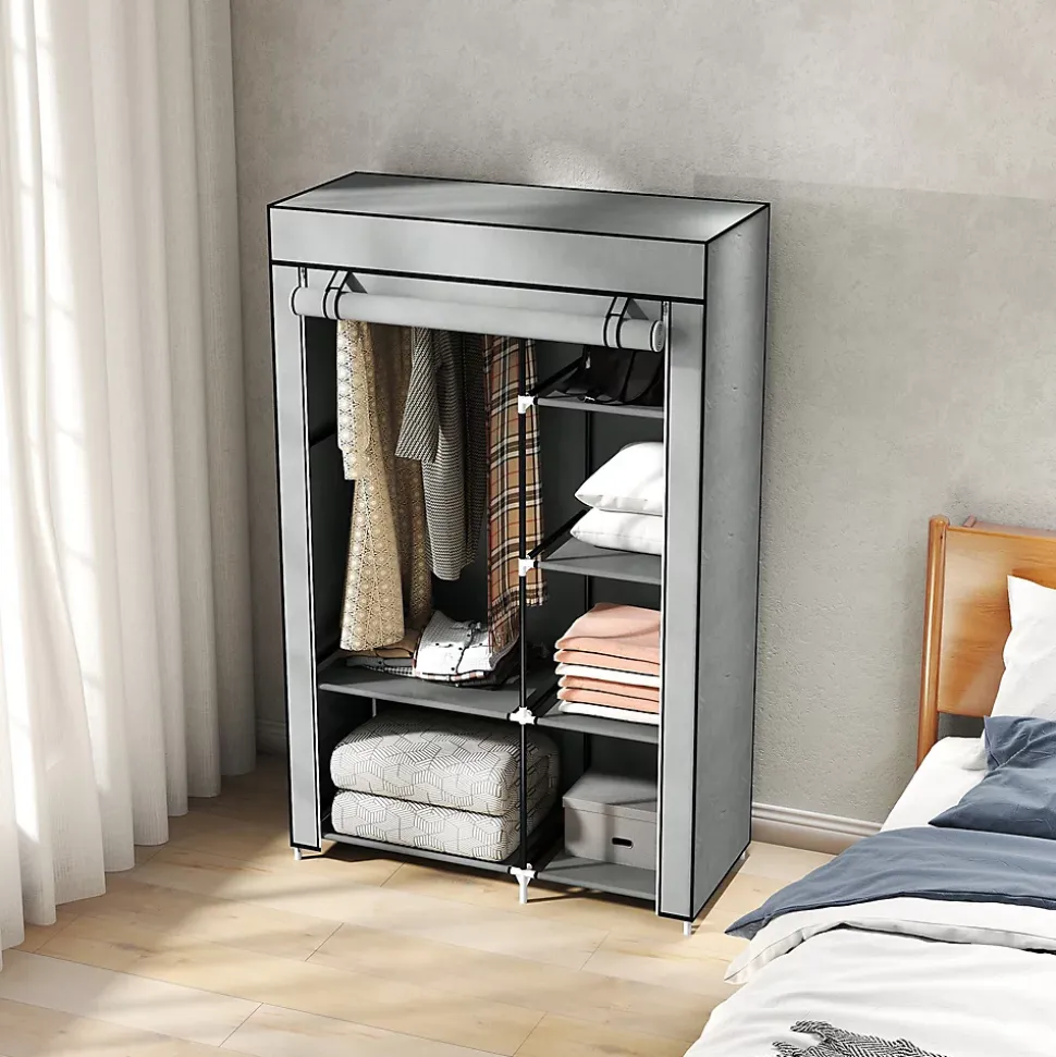 Armoire penderie multi-rangement - 6 étagères, 1 barre - dim. 103L x 43l x 162,5H cm - acier noir non tissé gris clair