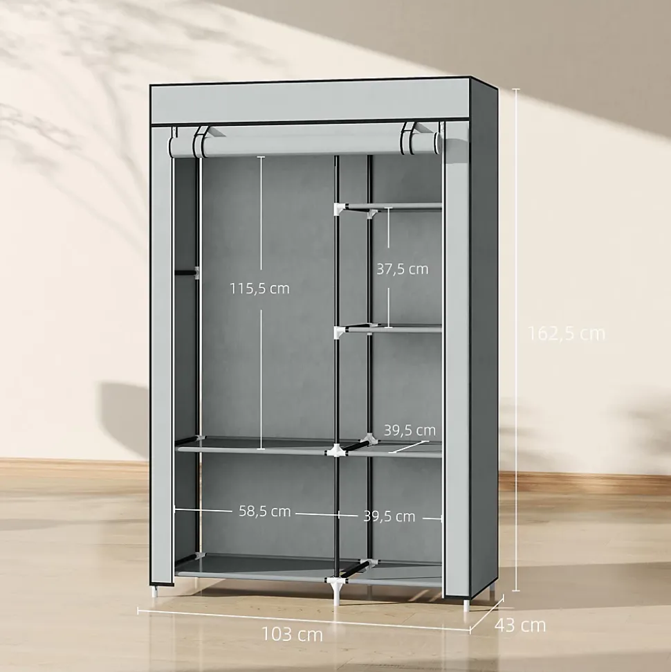 Armoire penderie multi-rangement - 6 étagères, 1 barre - dim. 103L x 43l x 162,5H cm - acier noir non tissé gris clair