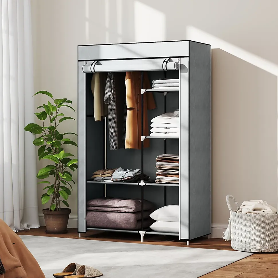 Armoire penderie multi-rangement - 6 étagères, 1 barre - dim. 103L x 43l x 162,5H cm - acier noir non tissé gris clair