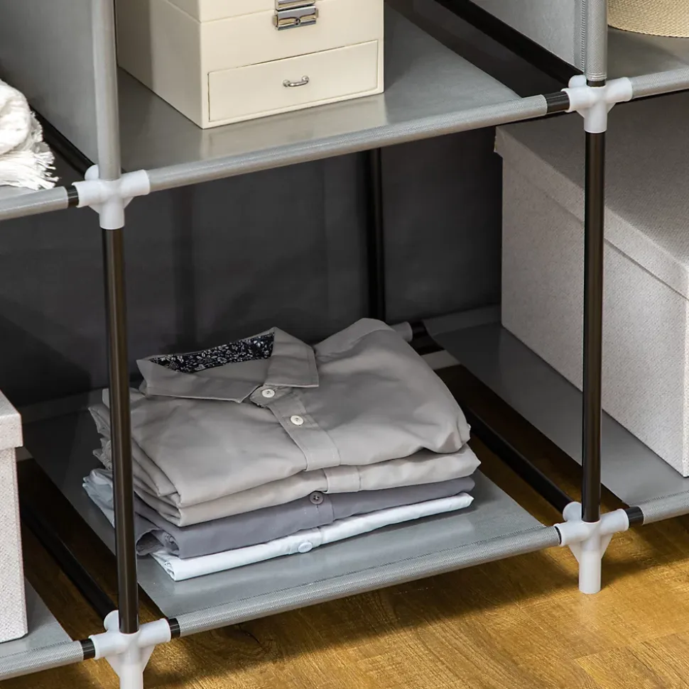 Armoire penderie multi-rangement - 8 étagères, 2 barres - dim. 125L x 43l x 162,5H cm - acier noir non tissé gris