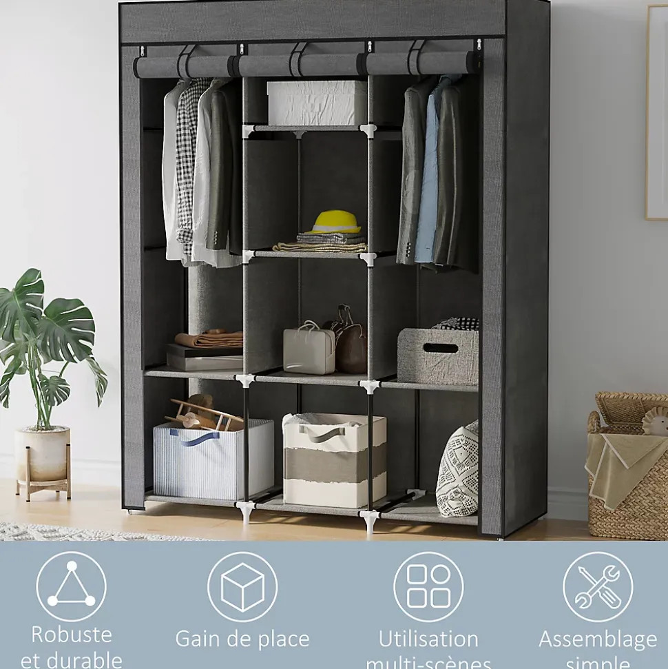 Armoire penderie multi-rangement - 8 étagères, 2 barres - dim. 125L x 43l x 162,5H cm - acier noir non tissé gris