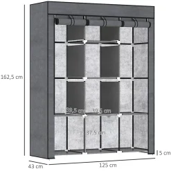 Armoire penderie multi-rangement - 8 étagères, 2 barres - dim. 125L x 43l x 162,5H cm - acier noir non tissé gris
