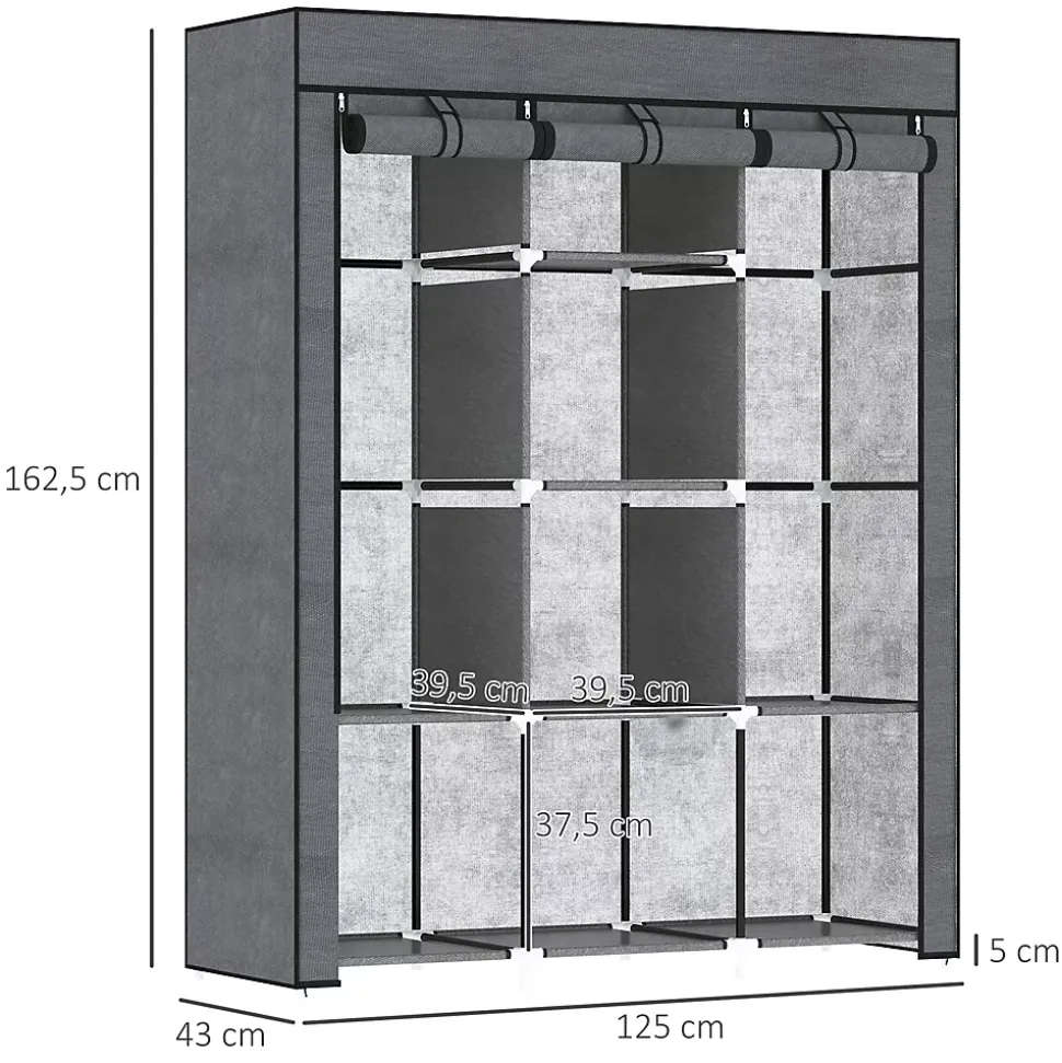 Armoire penderie multi-rangement - 8 étagères, 2 barres - dim. 125L x 43l x 162,5H cm - acier noir non tissé gris
