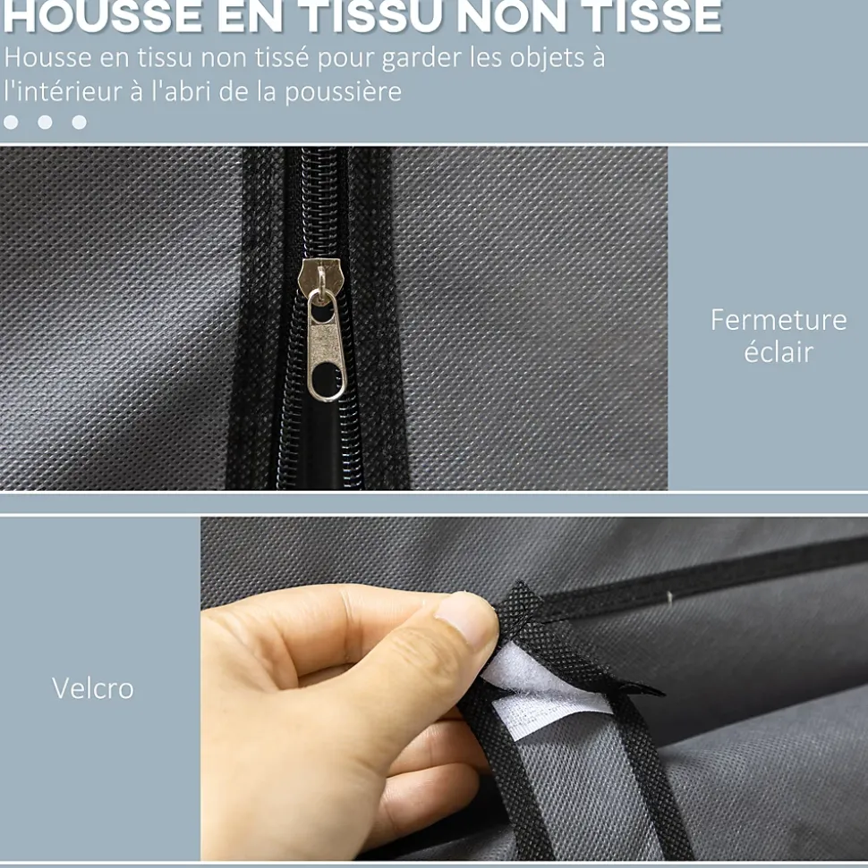 Armoire penderie multi-rangement - 8 étagères, 2 barres - dim. 125L x 43l x 162,5H cm - acier noir non tissé gris