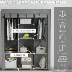 Armoire penderie multi-rangement - 8 étagères, 2 barres - dim. 125L x 43l x 162,5H cm - acier noir non tissé gris