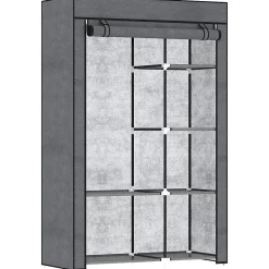 Armoire penderie multi-rangement - 6 étagères, 1 barre - dim. 103L x 43l x 162,5H cm - acier noir non tissé gris