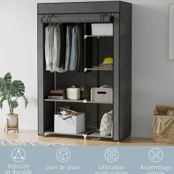 Armoire penderie multi-rangement - 6 étagères, 1 barre - dim. 103L x 43l x 162,5H cm - acier noir non tissé gris