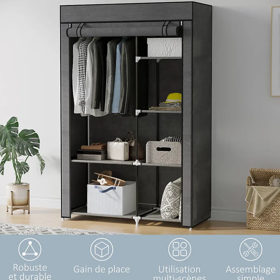 Armoire penderie multi-rangement - 6 étagères, 1 barre - dim. 103L x 43l x 162,5H cm - acier noir non tissé gris
