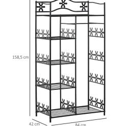 Armoire penderie multi-rangement - 5 étagères - dim. 84L x 42l x 158,5H cm - métal noir motif fleurs 2 rideaux blanc