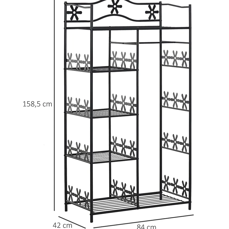 Armoire penderie multi-rangement - 5 étagères - dim. 84L x 42l x 158,5H cm - métal noir motif fleurs 2 rideaux blanc