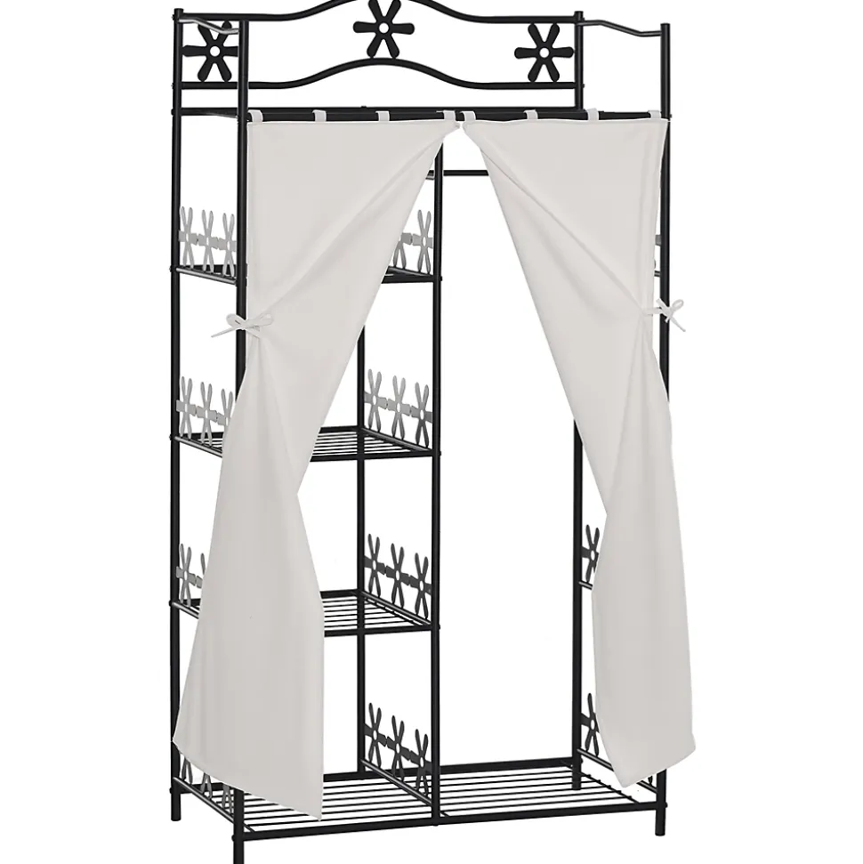 Armoire penderie multi-rangement - 5 étagères - dim. 84L x 42l x 158,5H cm - métal noir motif fleurs 2 rideaux blanc