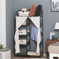 Armoire penderie multi-rangement - 5 étagères - dim. 84L x 42l x 158,5H cm - métal noir motif fleurs 2 rideaux blanc