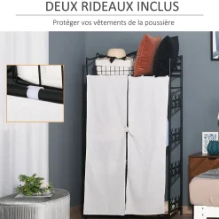 Armoire penderie multi-rangement - 5 étagères - dim. 84L x 42l x 158,5H cm - métal noir motif fleurs 2 rideaux blanc