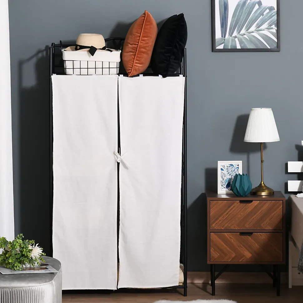 Armoire penderie multi-rangement - 5 étagères - dim. 84L x 42l x 158,5H cm - métal noir motif fleurs 2 rideaux blanc