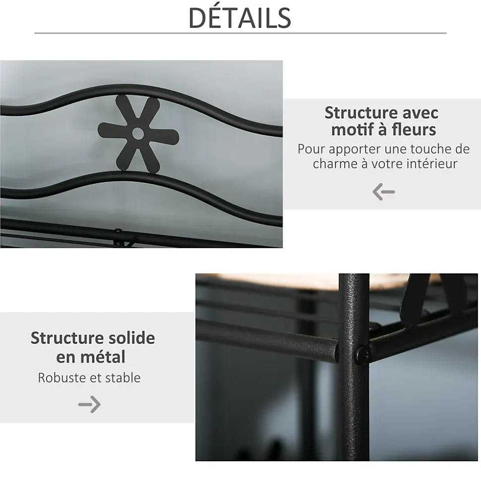 Armoire penderie multi-rangement - 5 étagères - dim. 84L x 42l x 158,5H cm - métal noir motif fleurs 2 rideaux blanc