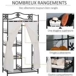 Armoire penderie multi-rangement - 5 étagères - dim. 84L x 42l x 158,5H cm - métal noir motif fleurs 2 rideaux blanc