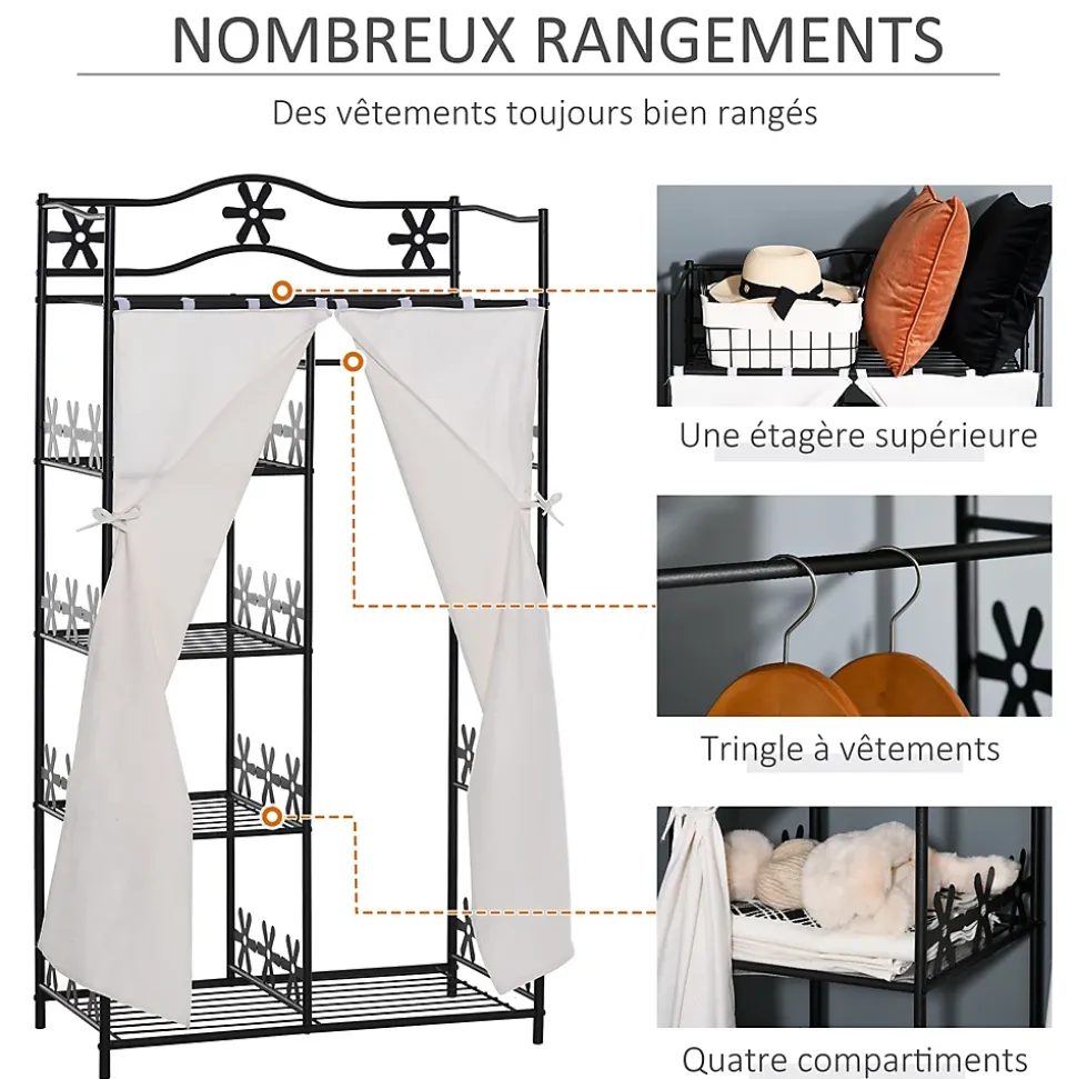 Armoire penderie multi-rangement - 5 étagères - dim. 84L x 42l x 158,5H cm - métal noir motif fleurs 2 rideaux blanc
