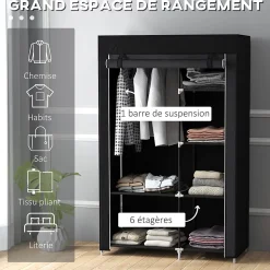 Armoire penderie multi-rangement - 6 étagères, 1 barre - dim. 103L x 43l x 162,5H cm - acier noir non tissé noir