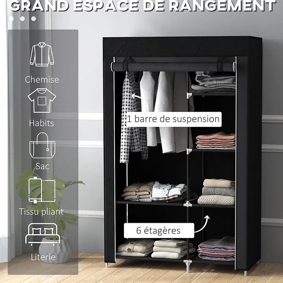 Armoire penderie multi-rangement - 6 étagères, 1 barre - dim. 103L x 43l x 162,5H cm - acier noir non tissé noir