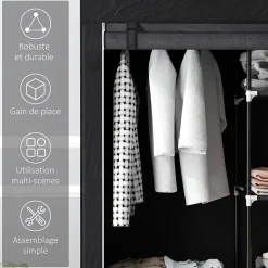 Armoire penderie multi-rangement - 6 étagères, 1 barre - dim. 103L x 43l x 162,5H cm - acier noir non tissé noir